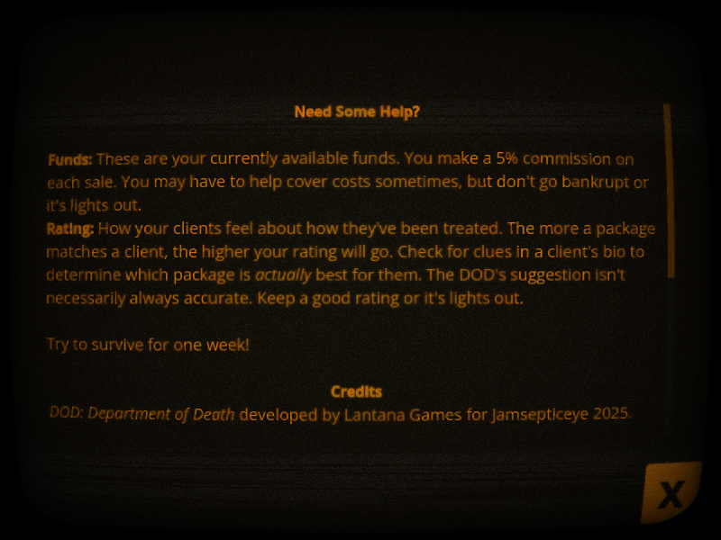DOD: Department of Death help and credits screen